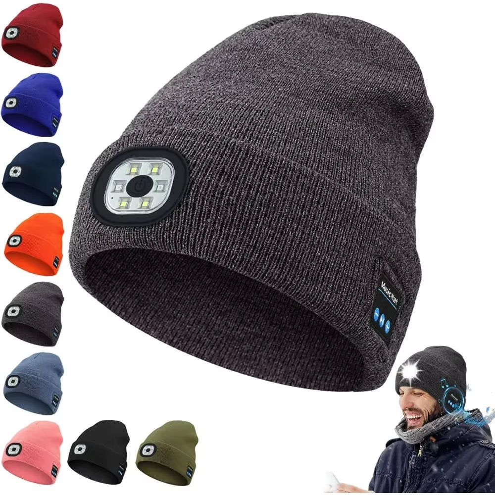 Versatile 3-in-1 Bluetooth Beanie with LED Light & Cordless Headphones - Unisex, USB Rechargeable