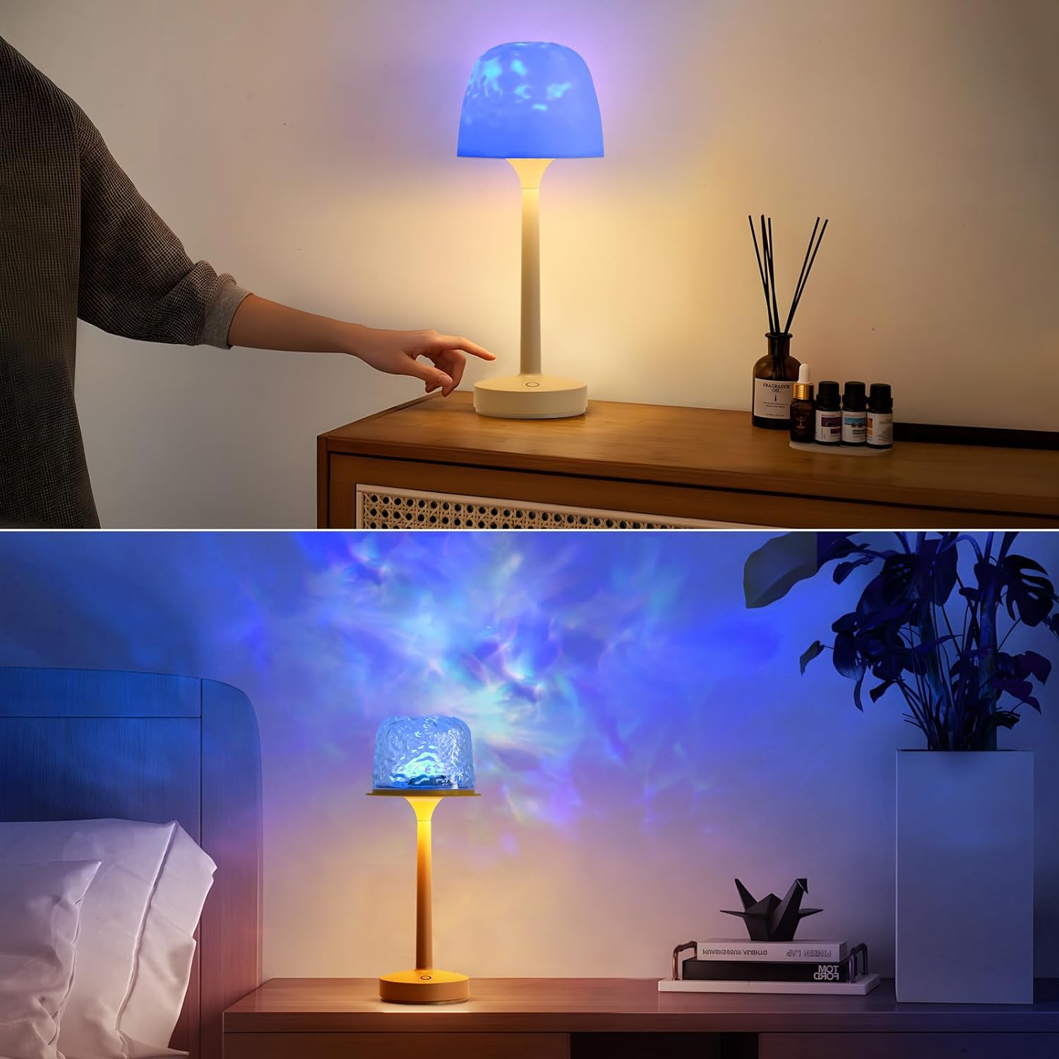 Transform Your Space with the Enchanting RGB Ocean Wave Projector Lamp - Cordless, USB Rechargeable Night Light with Remote Control and Dimmable Touch Features for Bedrooms and Living Rooms
